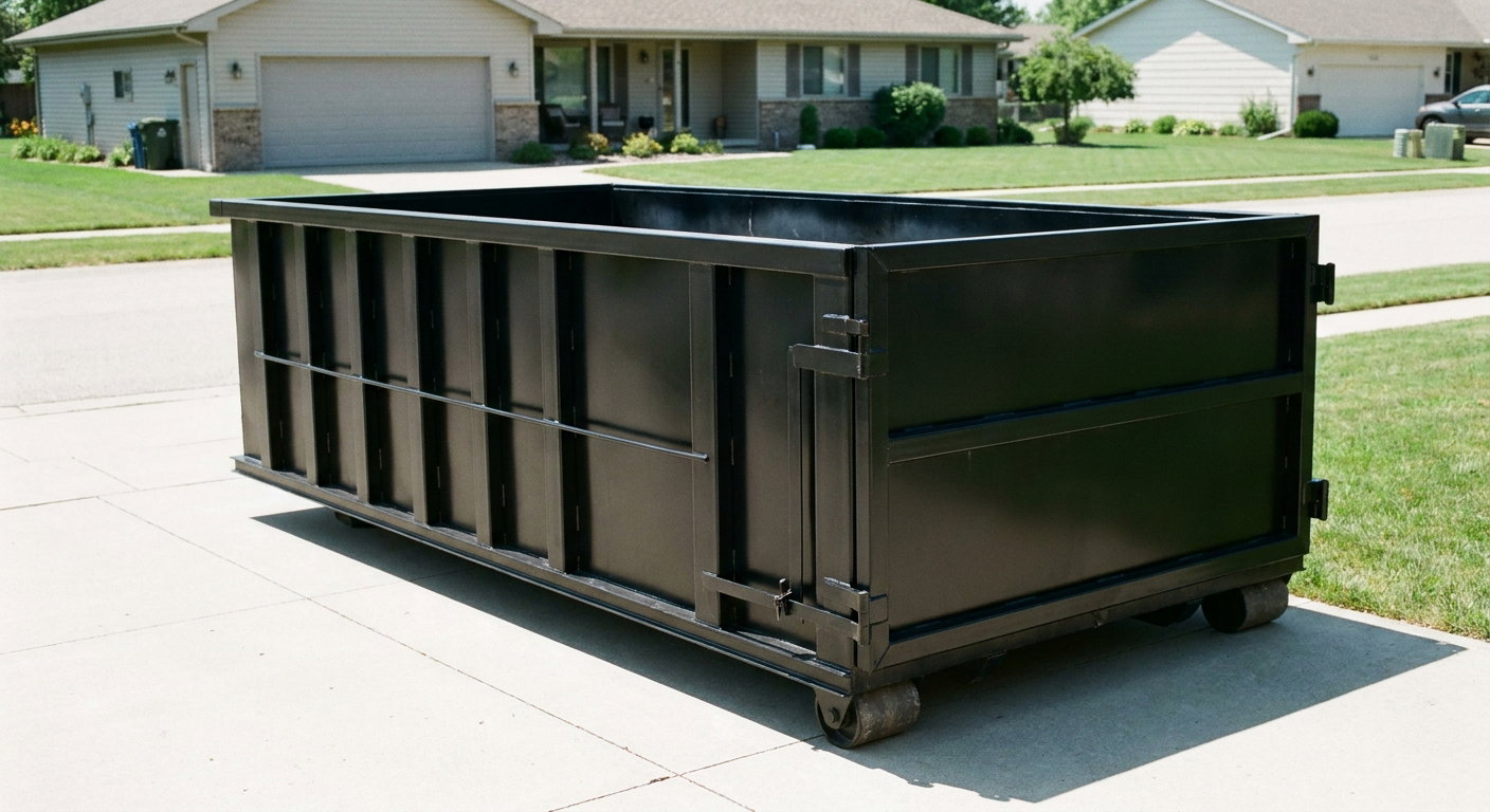 Matte-black 10-yard roll-off dumpster on a residential concrete driveway in Redlands, uniformly painted matte black across every panel and rail, ribbed steel sidewalls and rear swing door visible, mid-day daylight.