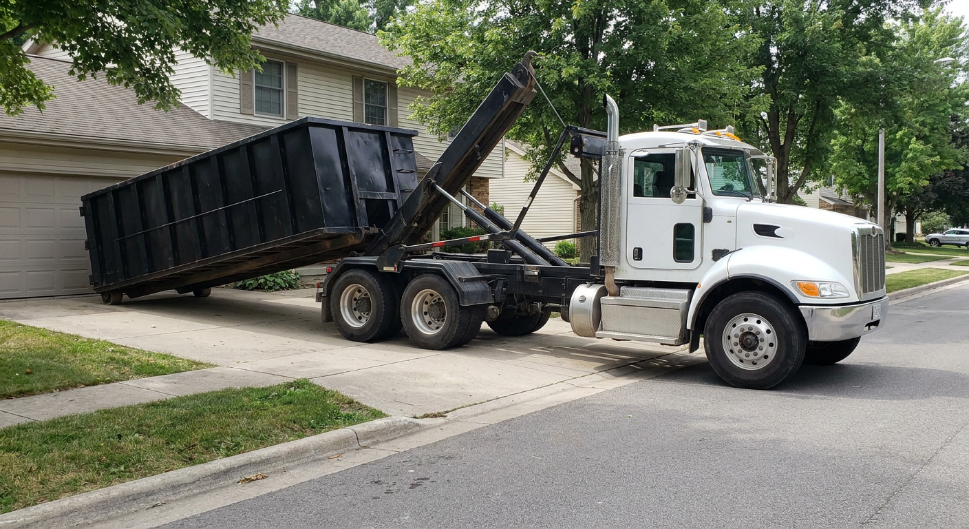 White-cab hooklift roll-off truck actively lowering a matte-black dumpster onto a Redlands residential concrete driveway, the dumpster's rear wheels touching the driveway as the hoist arm tilts the bed forward, mid-morning daylight.