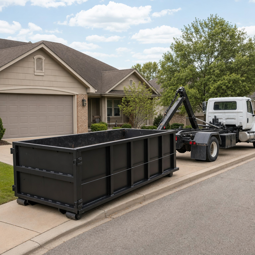 Wide documentary shot of a matte-black roll-off dumpster on a Redlands residential driveway in the foreground and a contractor jobsite container in the soft-focus background, bright daylight, calm and orderly composition.