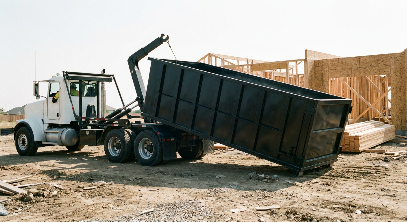Matte-black roll-off dumpster being delivered onto a clean residential concrete driveway in Redlands by an unmarked white hooklift hauler truck, bright morning daylight, documentary 35mm perspective.